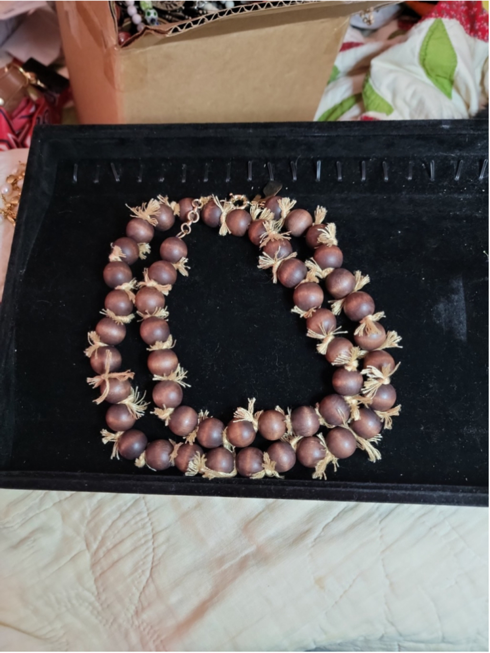 Vineyard Vines Brown Wood & String Bead Necklace Boho Festival